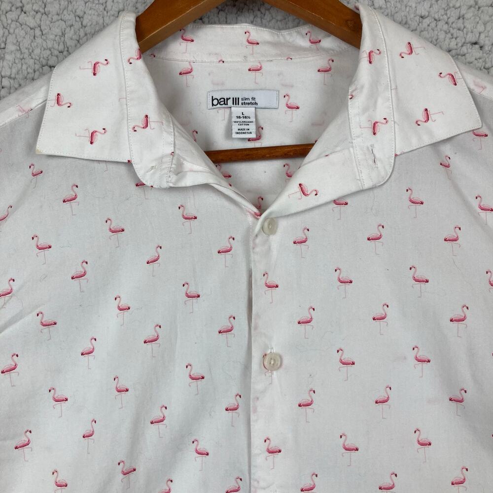 Bar III Organic Cotton Button Shirt Mens L 16 White Pink Flamingos Long Sleeve